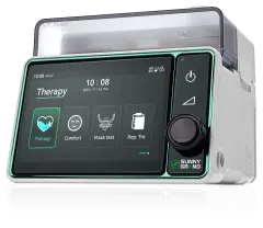 SunnyGrand NatrSleep 20A APAP cihazı, yeşil çerçeve ve terapi ekranı