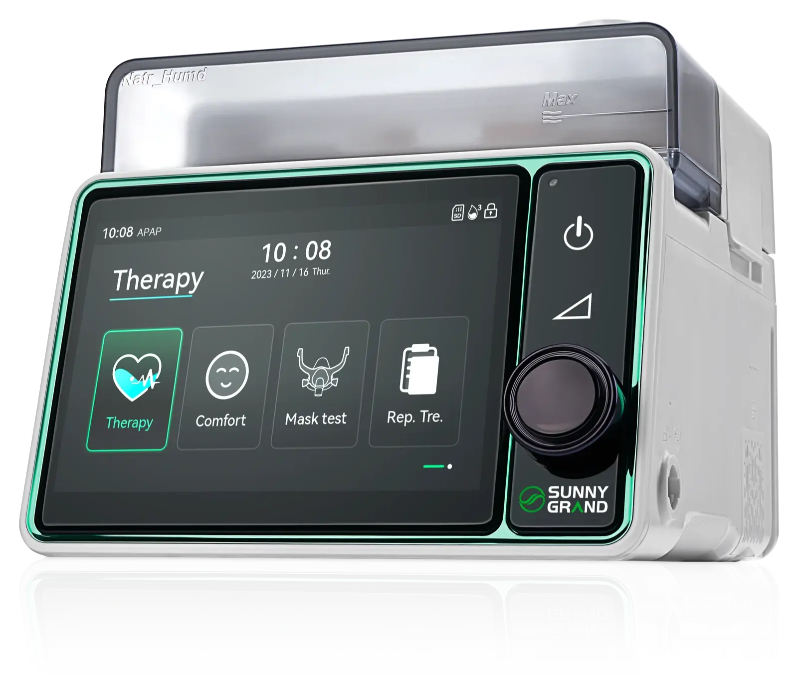 SunnyGrand NatrSleep 20A Sweet APAP cihaz ailesi, yeşil çerçeve ve terapi ekranı